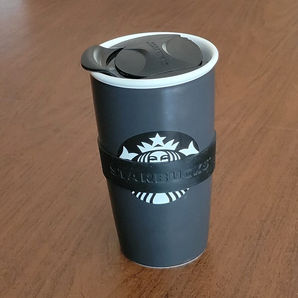 2015 Starbucks Matte Black White Siren Mermaid Ceramic Tumbler 12 Oz W/ Grip